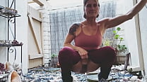 Sexy yoga milf does yoga with her pants pulled down